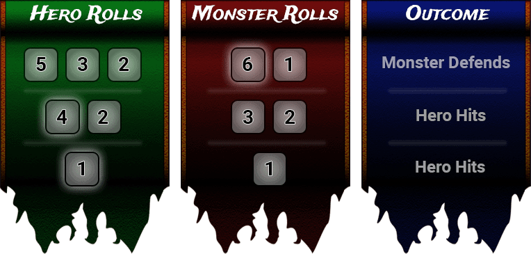 Example dice rolls in a combat encounter. Example dice rolls in a combat encounter in Hero Kids