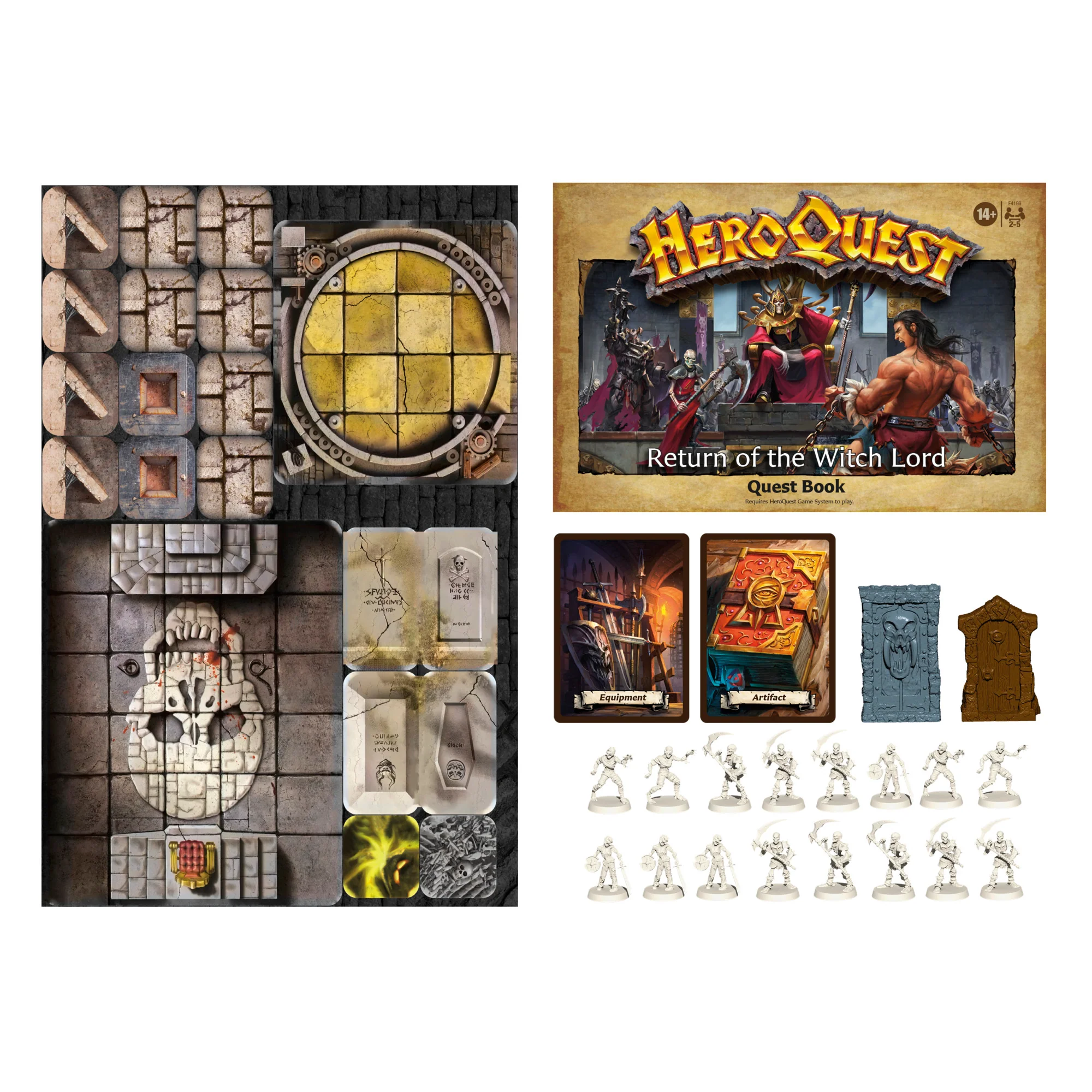 Complete expansion contents HeroQuest Return of the Witch Lord Quest Pack components arranged from above