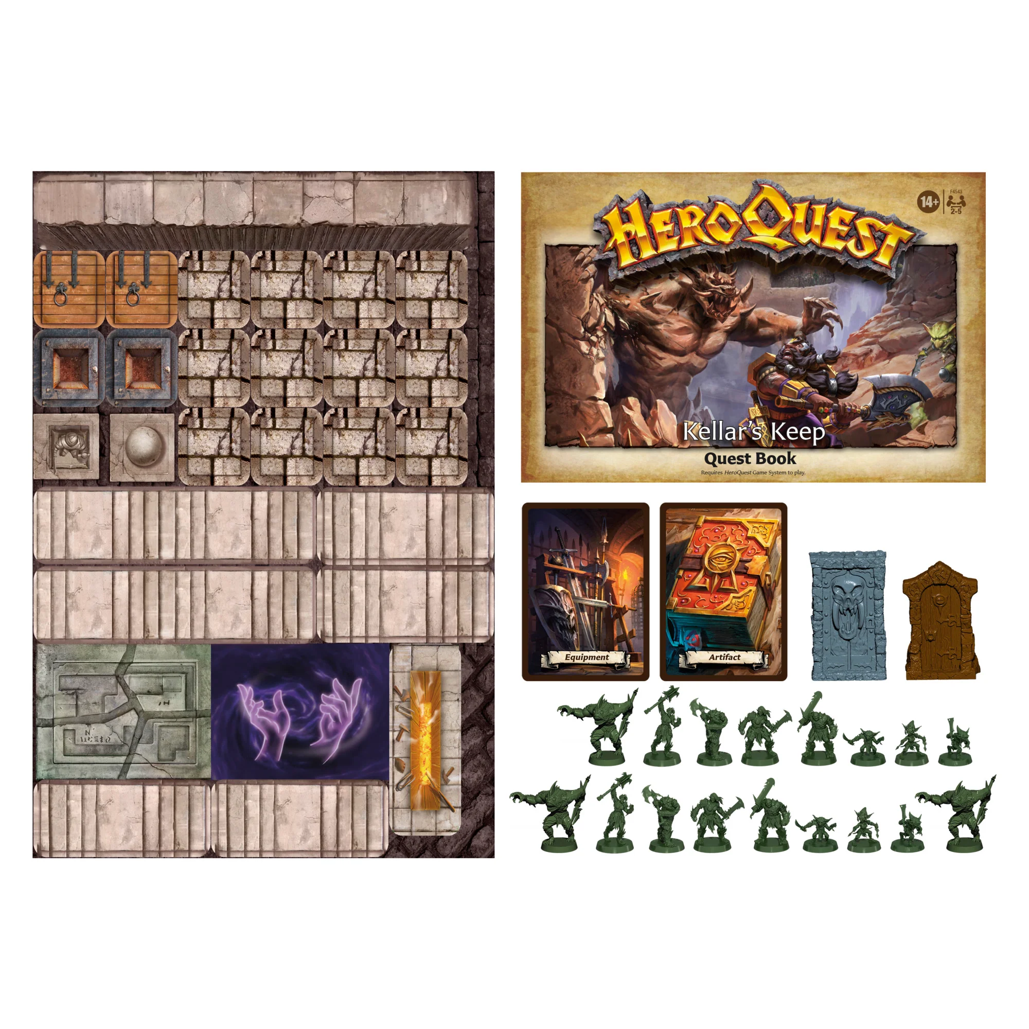 Complete expansion contents HeroQuest Kellar's Keep Quest Pack components arranged from above