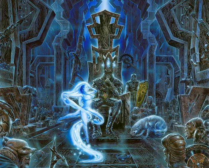 Cover art from the album Nightfall in Middle-earth by Blind Guardian depicting Morgoth sitting in a throne wearing a crown with three Silmarils. Beside Morgoth is Sauron in wolf form.