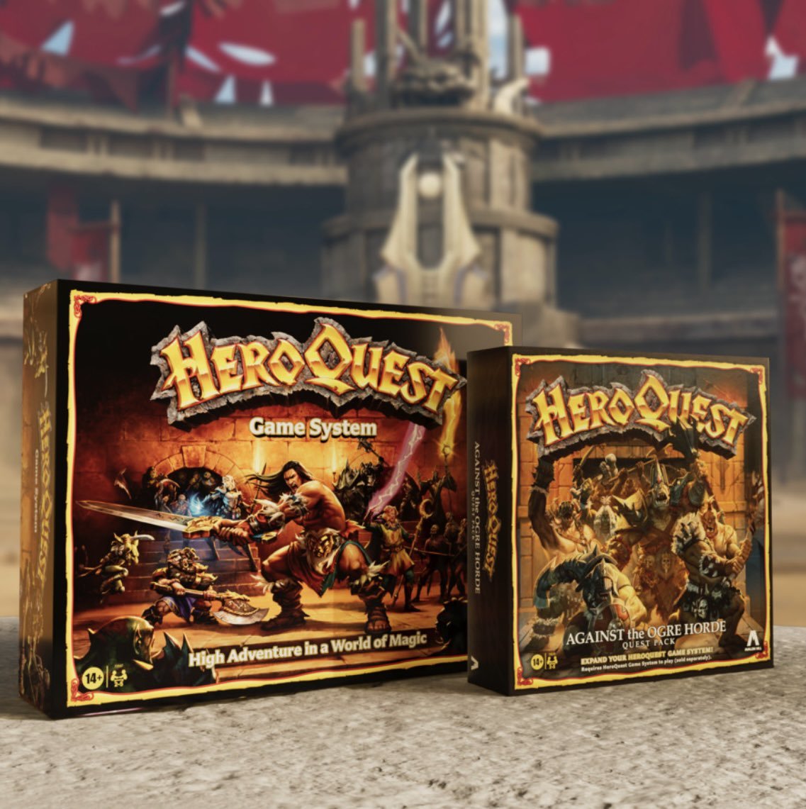 HeroQuest Game System box beside Against the Ogre Horde box over a background of the World's End arena