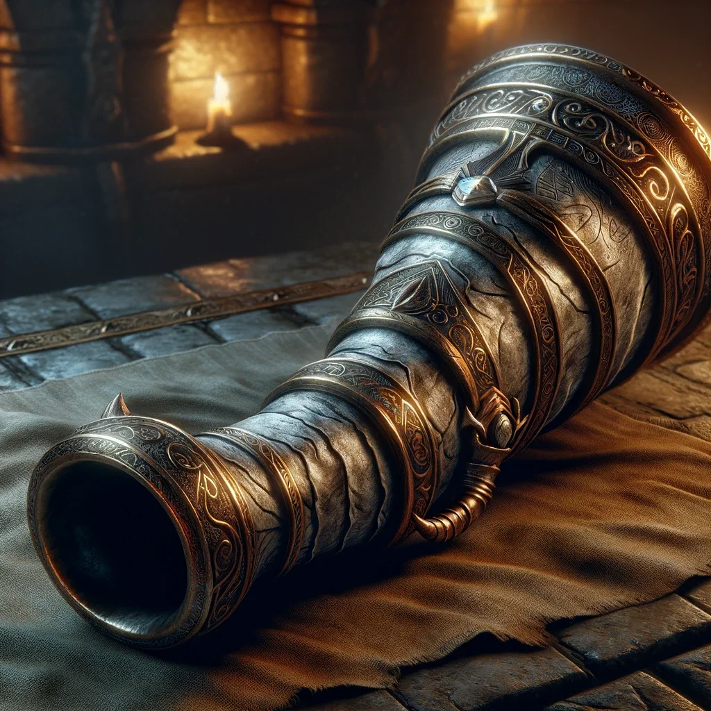 DALL·E-2024-06-02-13.01.18-Create-an-image-of-Durgins-Horn-a-legendary-artifact-of-dwarven-origin-from-the-HeroQuest-universe.-The-horn-should-be-intricately-designed-with-rob