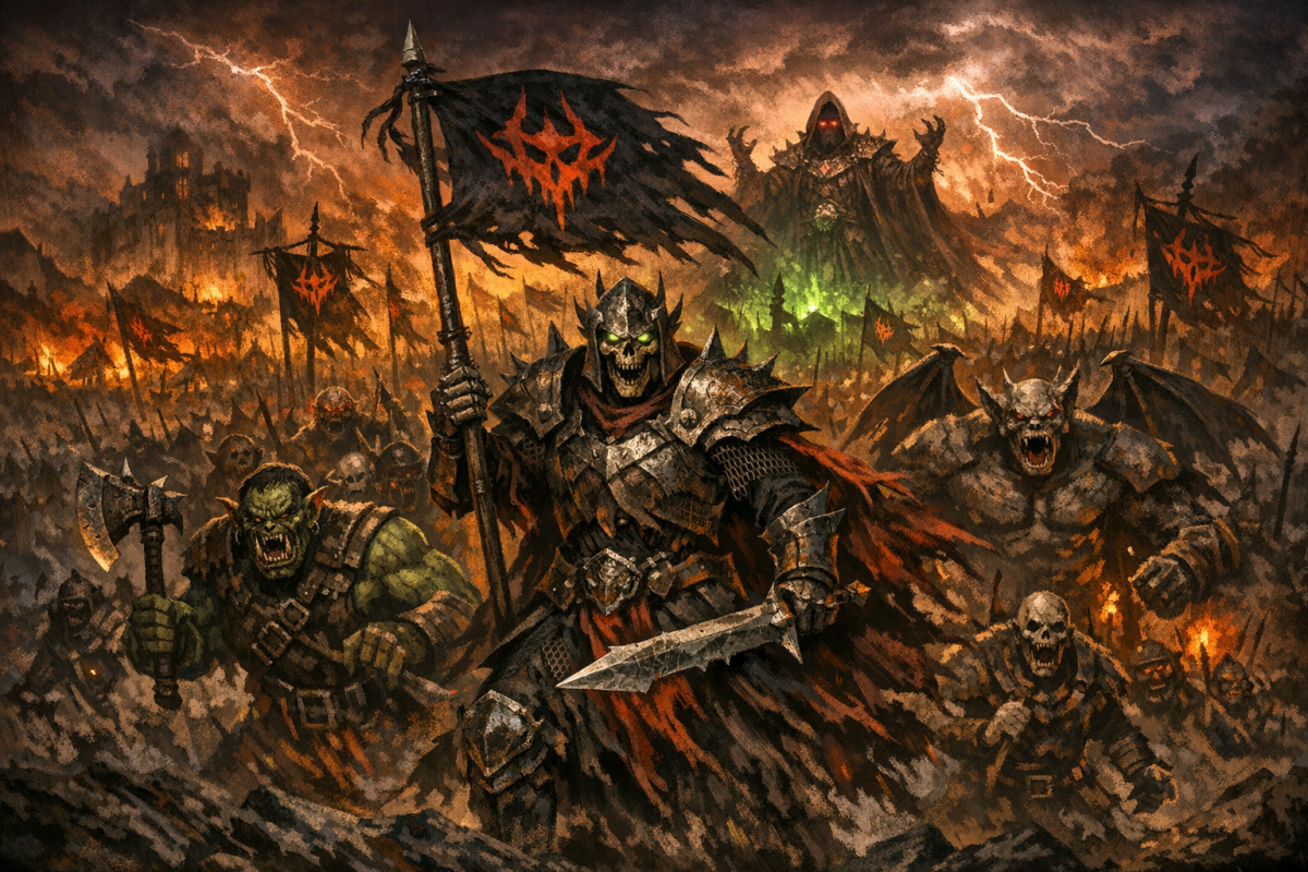 The Dread Host is the vast army of darkness commanded by the sorcerer Zargon. Composed of orcs, goblins, monstrous creatures, undead legions, and corrupted human warriors, it advances with ruthless unity through the power of dread magic. In the ancient First War, the Host swept across the Realm, burning villages and breaking kingdoms. The tide turned only when Rogar the Barbarian and his allies shattered its strength in a great battle. Yet Zargon escaped, and scholars warn the Host may rise again whenever the Black Banner is lifted.